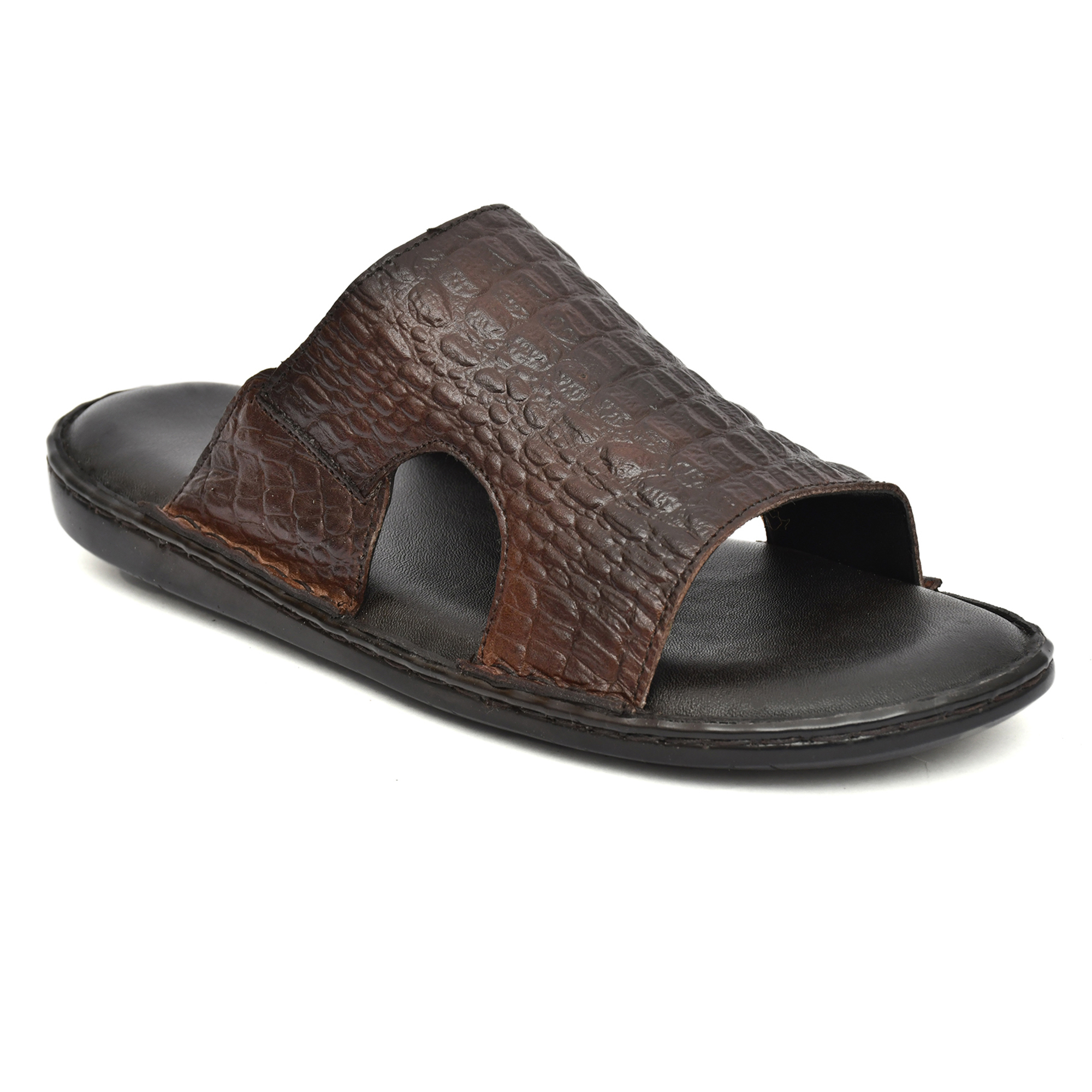 Brown Crocodile Embossed Leather Slippers for Men with Memory foam footpad by asm.