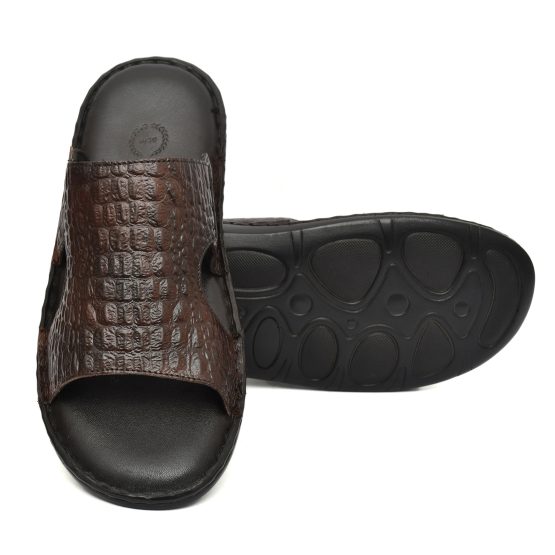 Brown Crocodile Embossed Leather Slippers for Men with Memory foam footpad by asm.