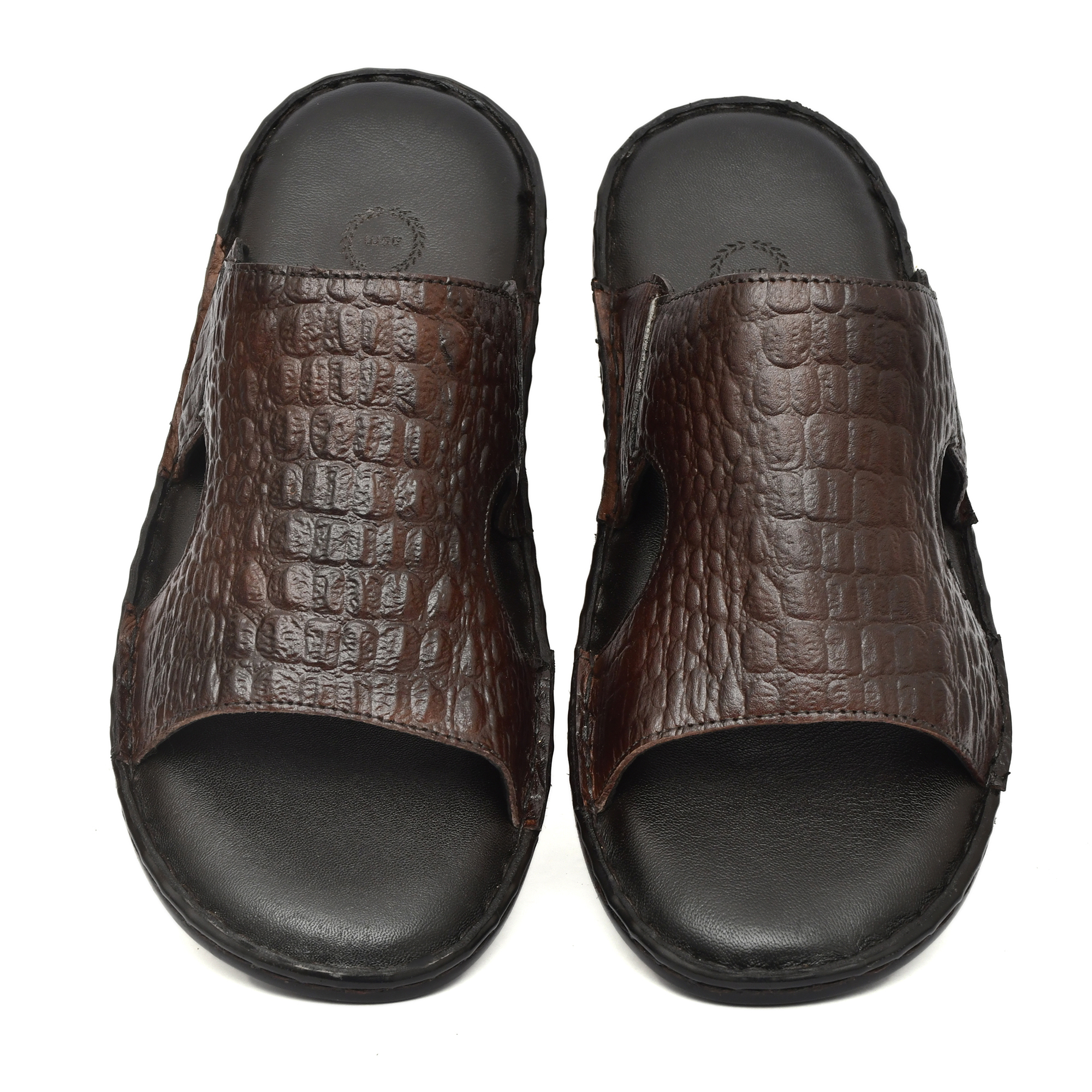 Brown Crocodile Embossed Leather Slippers for Men with Memory foam footpad by asm.