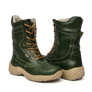 Green leather Biker boots with steel toe & Rubber sole by asm.