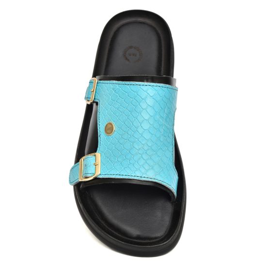 Turquoise Alligator Embossed Leather Slippers for Men by asm.