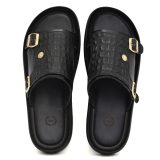 Black Croco Embossed Leather Slippers for Men by asm.