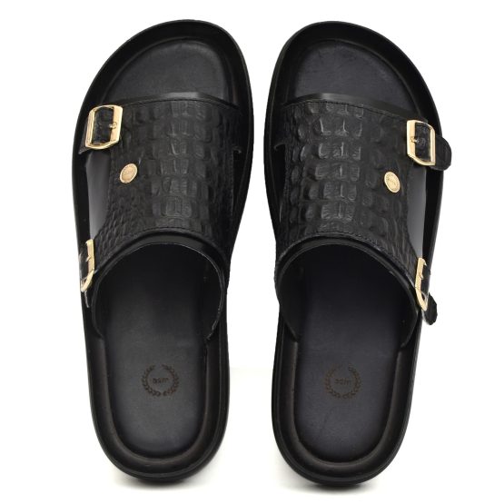 Black Croco Embossed Leather Slippers for Men by asm.