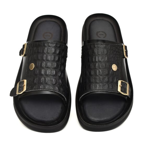 Black Croco Embossed Leather Slippers for Men by asm.