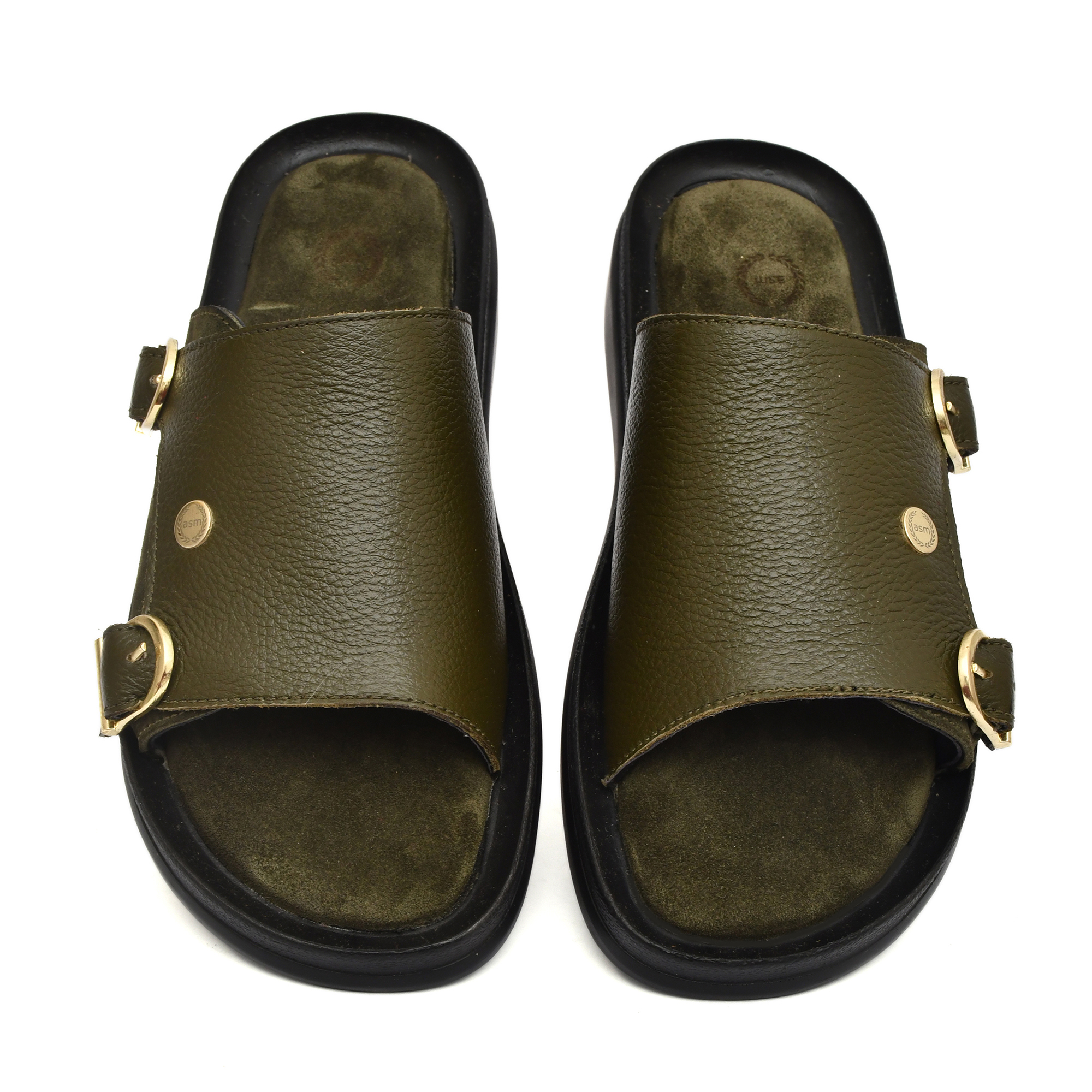 Green Leather Slippers for Men with Memory foam footpad by asm.