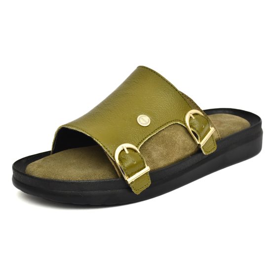 Green Leather Slippers for Men with Memory foam footpad by asm.