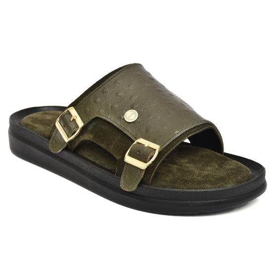 Green Ostrich Embossed Leather Slippers for Men by asm.