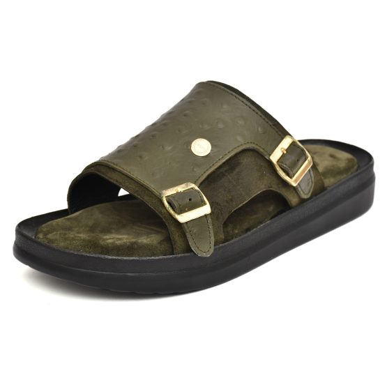 Green Ostrich Embossed Leather Slippers for Men by asm.