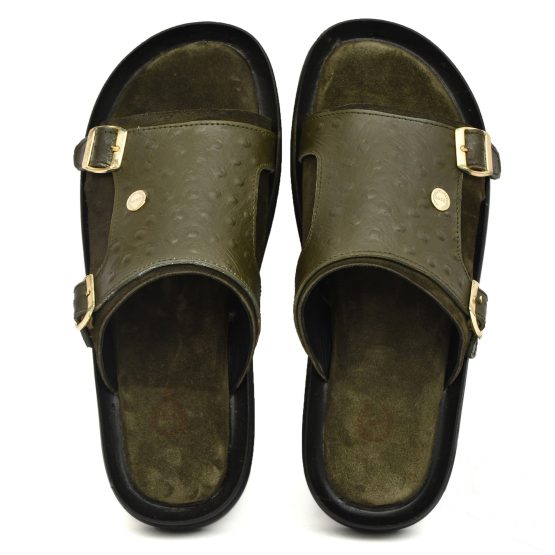 Green Ostrich Embossed Leather Slippers for Men by asm.