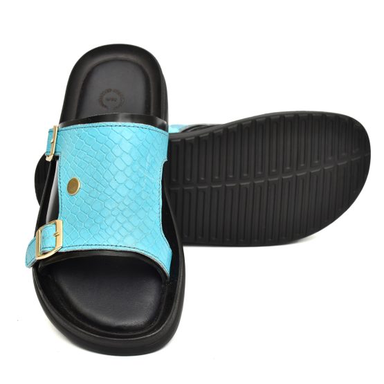 Turquoise Alligator Embossed Leather Slippers for Men by asm.