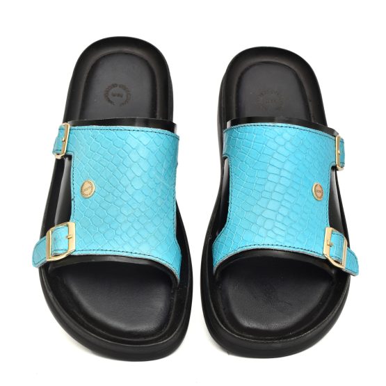 Turquoise Alligator Embossed Leather Slippers for Men by asm.