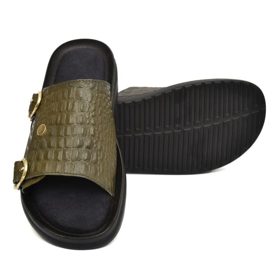 Green Croco Leather Slippers for Men with Memory foam footpad by asm.