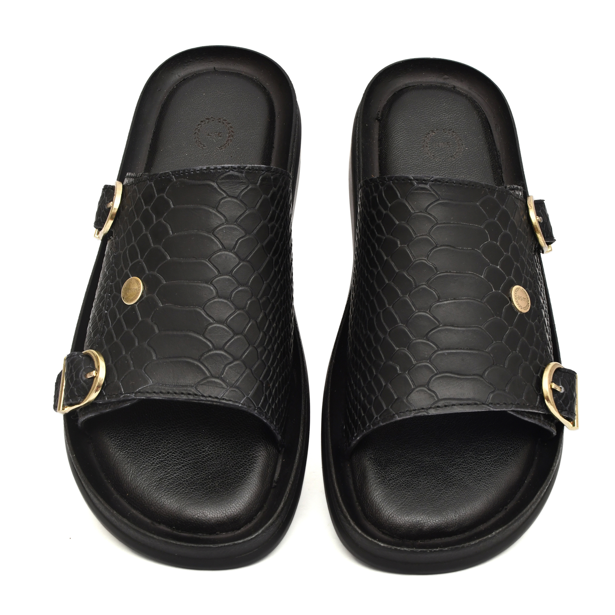 Black Cobra Embossed Leather Slippers for Men with Memory foam footpad by asm.