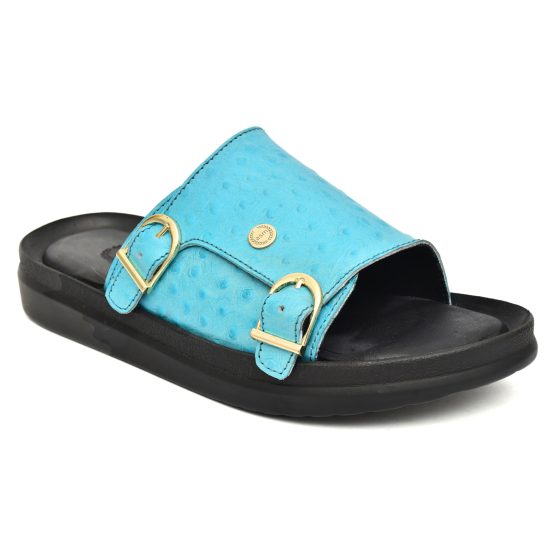 Turquoise Ostrich Embossed Leather Slippers for Men by asm.