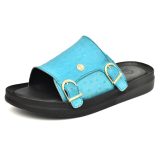 Turquoise Ostrich Embossed Leather Slippers for Men by asm.