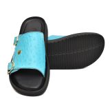 Turquoise Ostrich Embossed Leather Slippers for Men by asm.