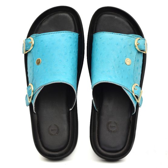 Turquoise Ostrich Embossed Leather Slippers for Men by asm.