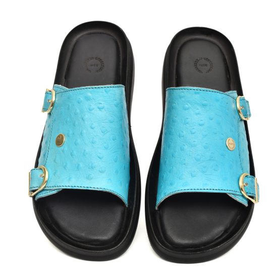 Turquoise Ostrich Embossed Leather Slippers for Men by asm.