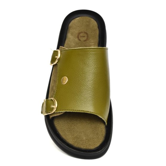 Green Leather Slippers for Men with Memory foam footpad by asm.