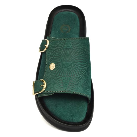 Green Embossed Leather Slippers for Men with Memory foam footpad by asm.