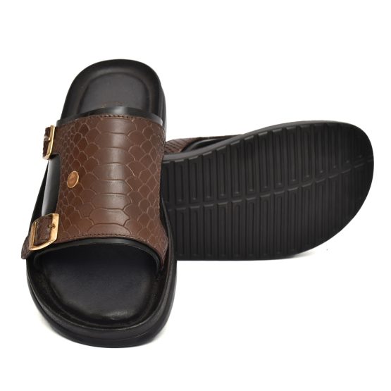 Brown Cobra Embossed Leather Slippers for Men by asm