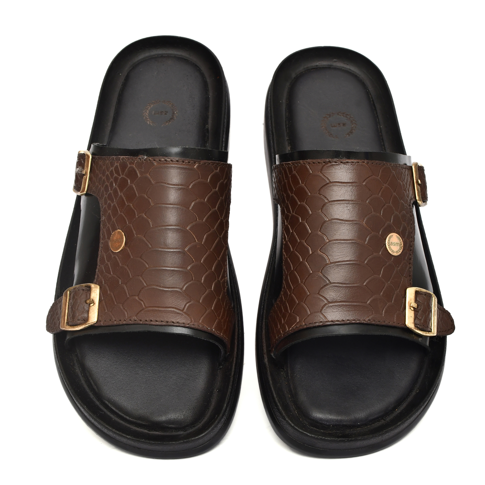 Brown Cobra Embossed Leather Slippers for Men by asm