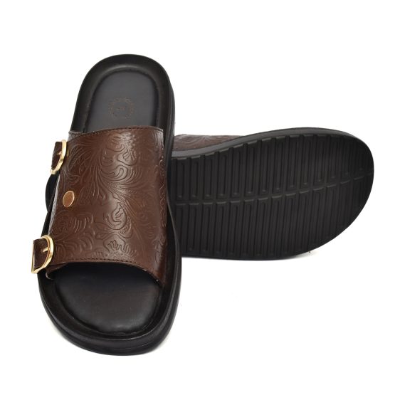 Brown Flora Embossed Leather Slippers for Men with Memory foam footpad by asm.