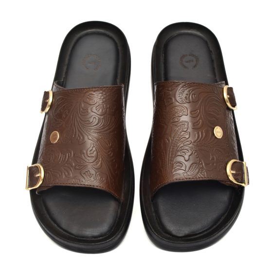 Brown Flora Embossed Leather Slippers for Men with Memory foam footpad by asm.