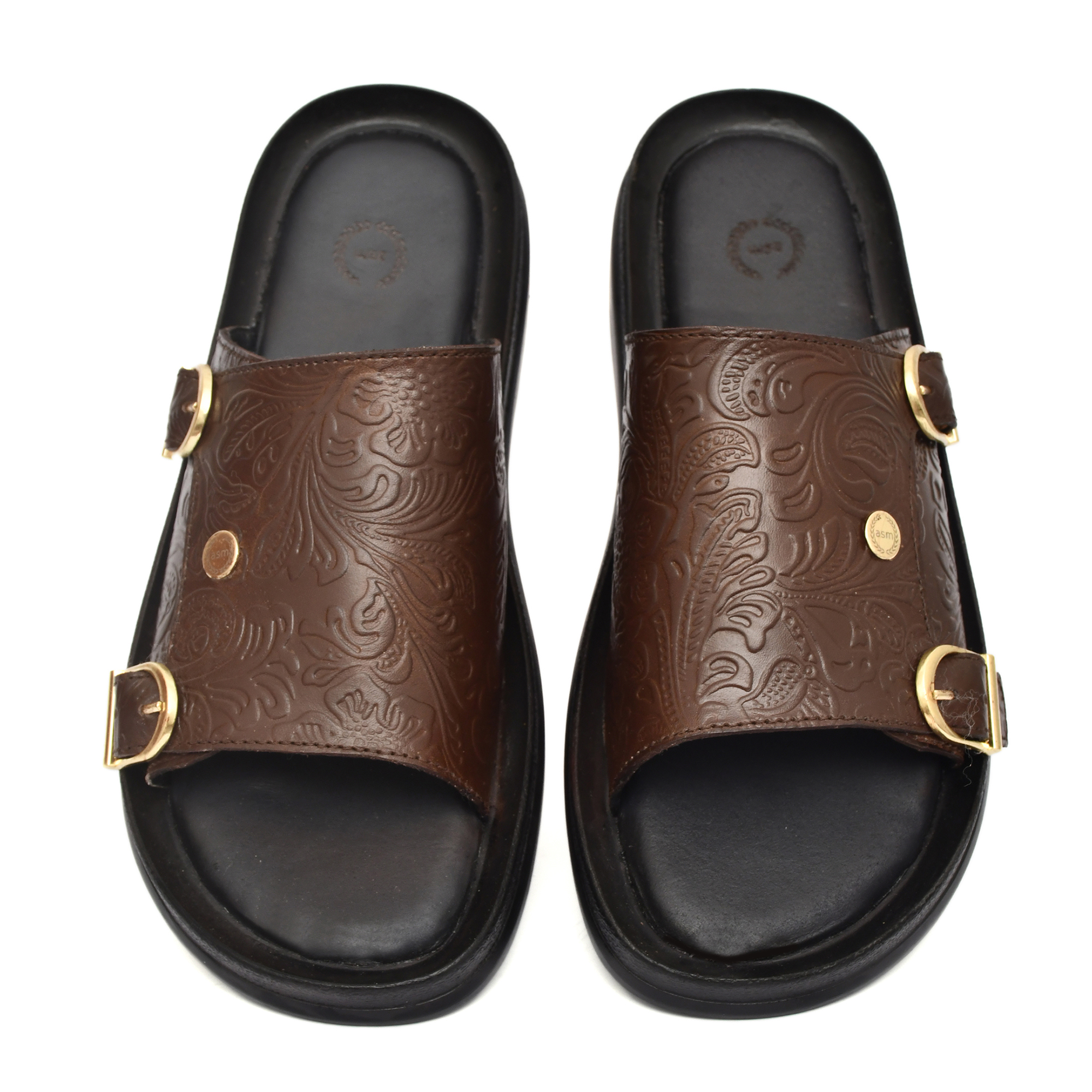 Brown Flora Embossed Leather Slippers for Men with Memory foam footpad by asm.