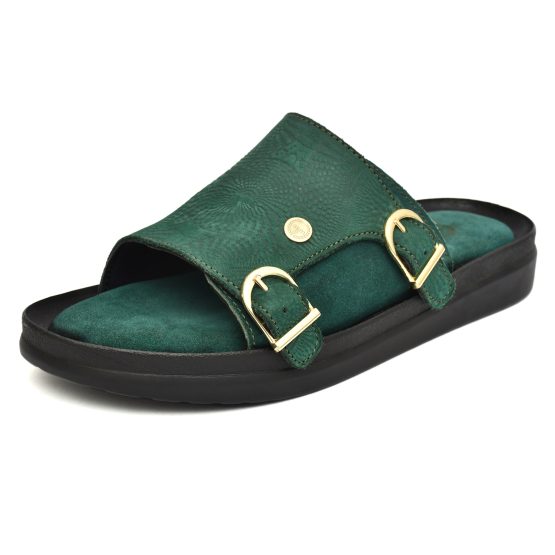 Green Embossed Leather Slippers for Men with Memory foam footpad by asm.