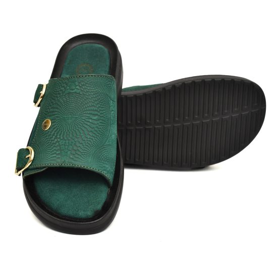 Green Embossed Leather Slippers for Men with Memory foam footpad by asm.