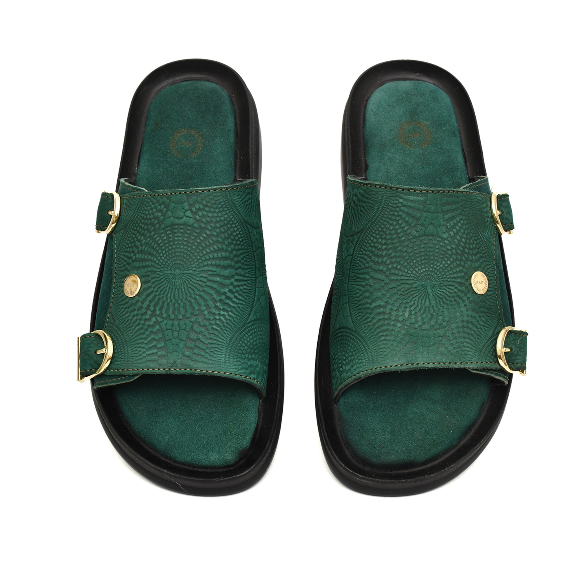 Green Embossed Leather Slippers for Men with Memory foam footpad by asm.