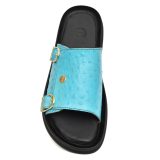 Turquoise Ostrich Embossed Leather Slippers for Men by asm.