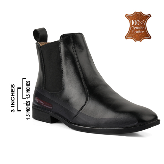 Elevator Shoes : 3"Inches Hidden Height Increasing Black Leather Chelsea Boots by ASM..
