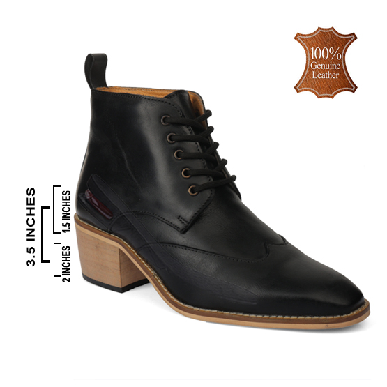 Elevator Shoes : 3.5"Inches Hidden Height Increasing Black Leather brogues Shoes with Cuban heel & Memory foam footpad by ASM.