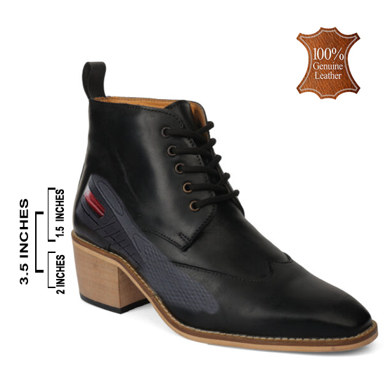 Elevator Shoes : 3.5"Inches Hidden Height Increasing Black Leather brogues Shoes with Cuban heel & Memory foam footpad by ASM.